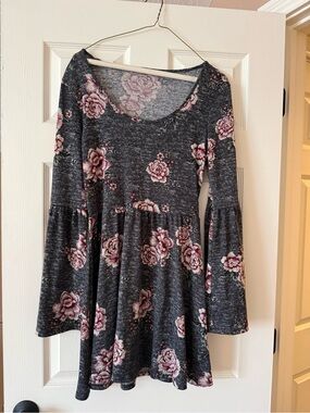 LDLA Charcoal Floral Bell-Sleeve Tunic Dress - Pink Rose Print- flowy, girly